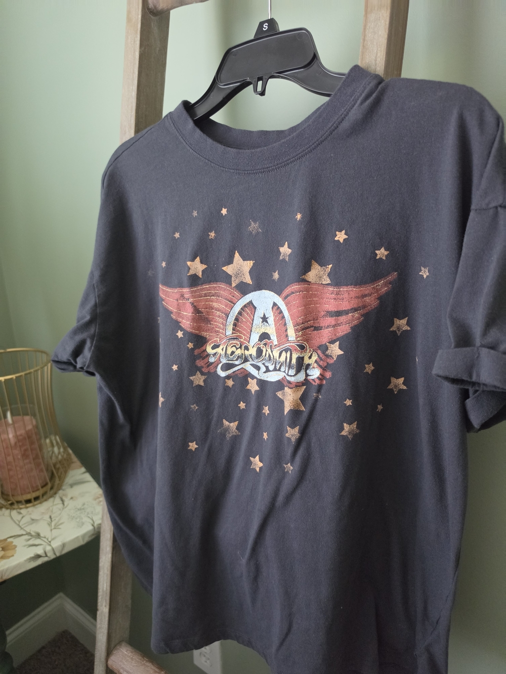 Aerosmith Black Graphic Tee with Metallic Star & Wing Emblem
